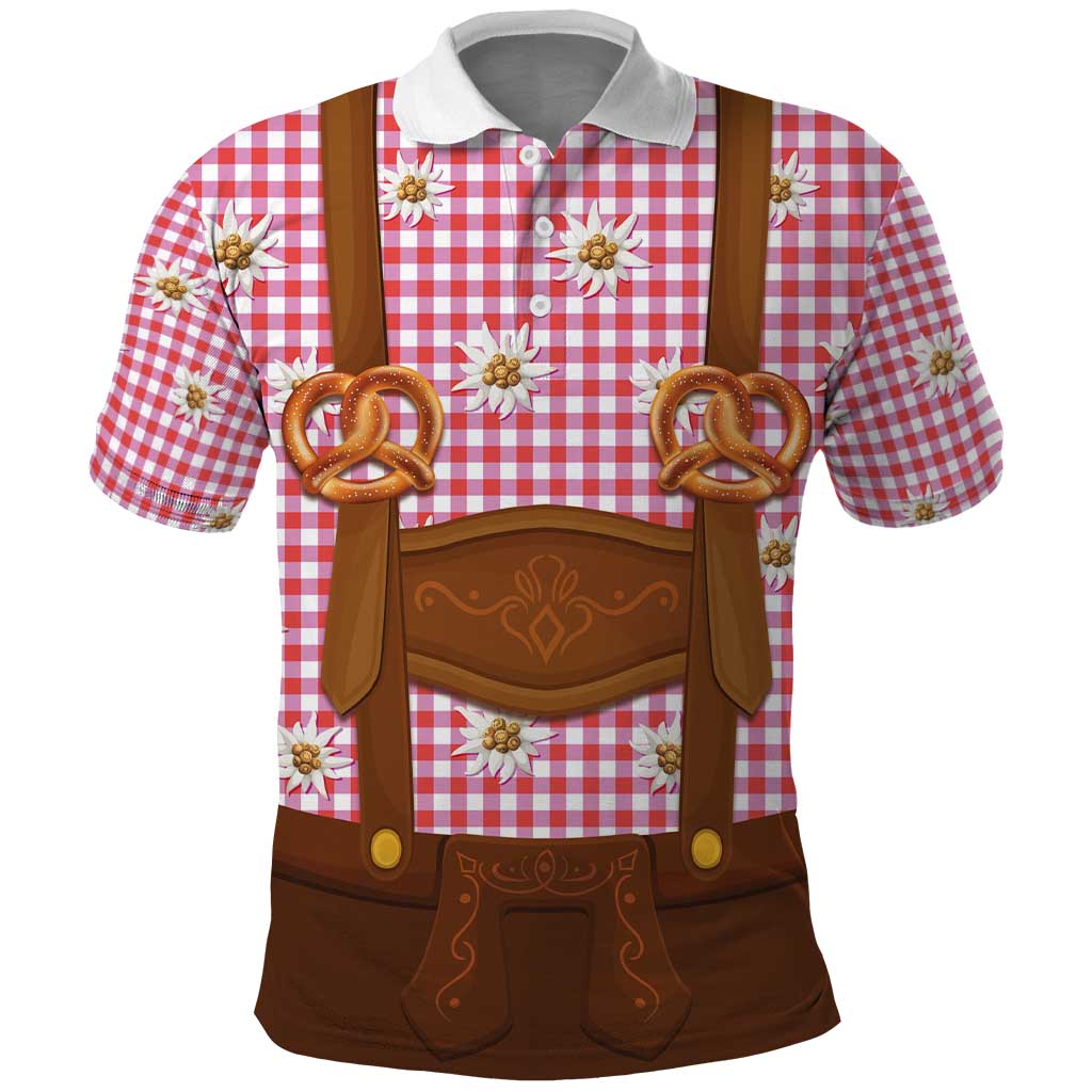 Traditional German Costume - Lederhosen and Soft Pretzel Polo Shirt Blue Plaid Pattern with Edelweiss Flowers