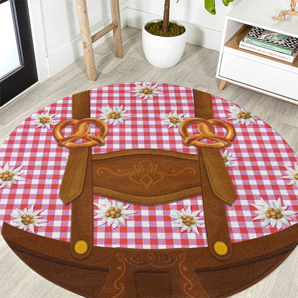 Traditional German Costume - Lederhosen and Soft Pretzel Round Carpet Blue Plaid Pattern with Edelweiss Flowers