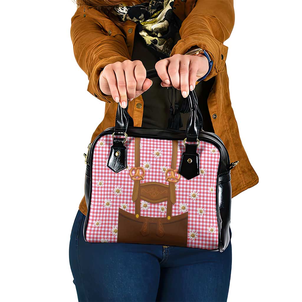 Traditional German Costume - Lederhosen and Soft Pretzel Shoulder Handbag Blue Plaid Pattern with Edelweiss Flowers