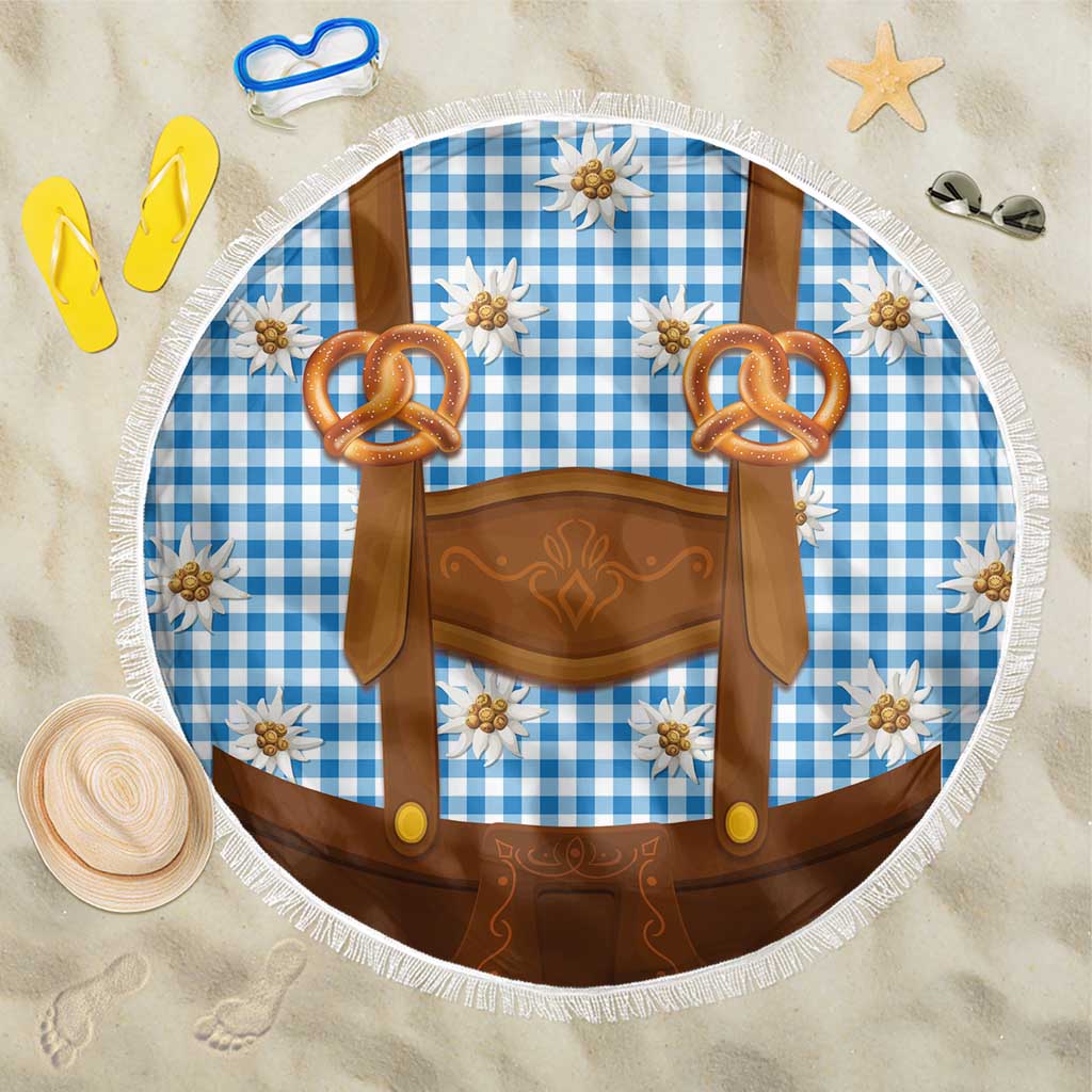 Traditional German Costume - Lederhosen and Soft Pretzel Beach Blanket Red Plaid Pattern with Edelweiss Flowers