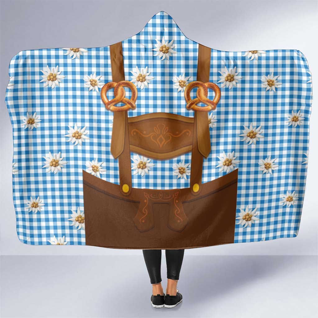 Traditional German Costume - Lederhosen and Soft Pretzel Hooded Blanket Red Plaid Pattern with Edelweiss Flowers