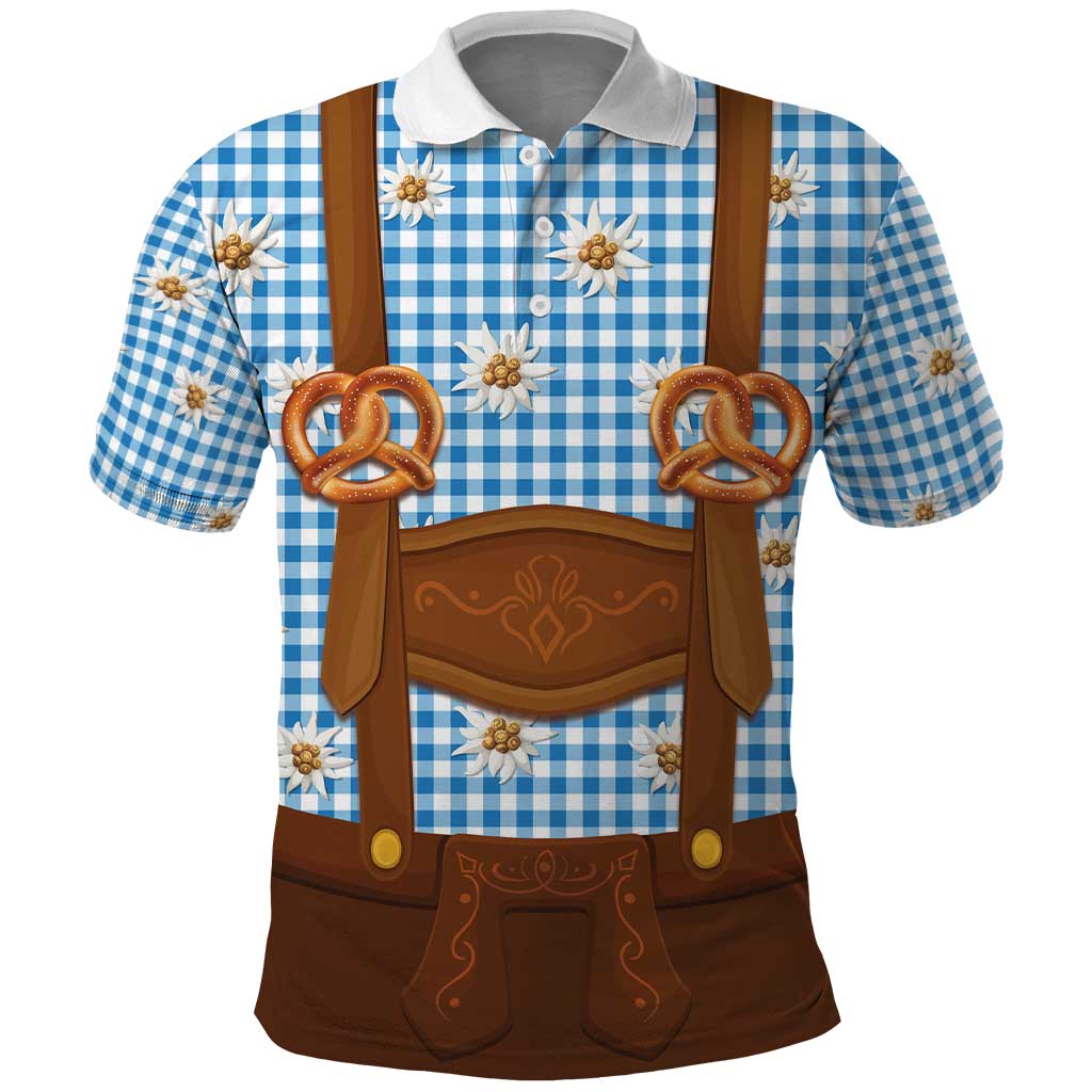 Traditional German Costume - Lederhosen and Soft Pretzel Polo Shirt Red Plaid Pattern with Edelweiss Flowers