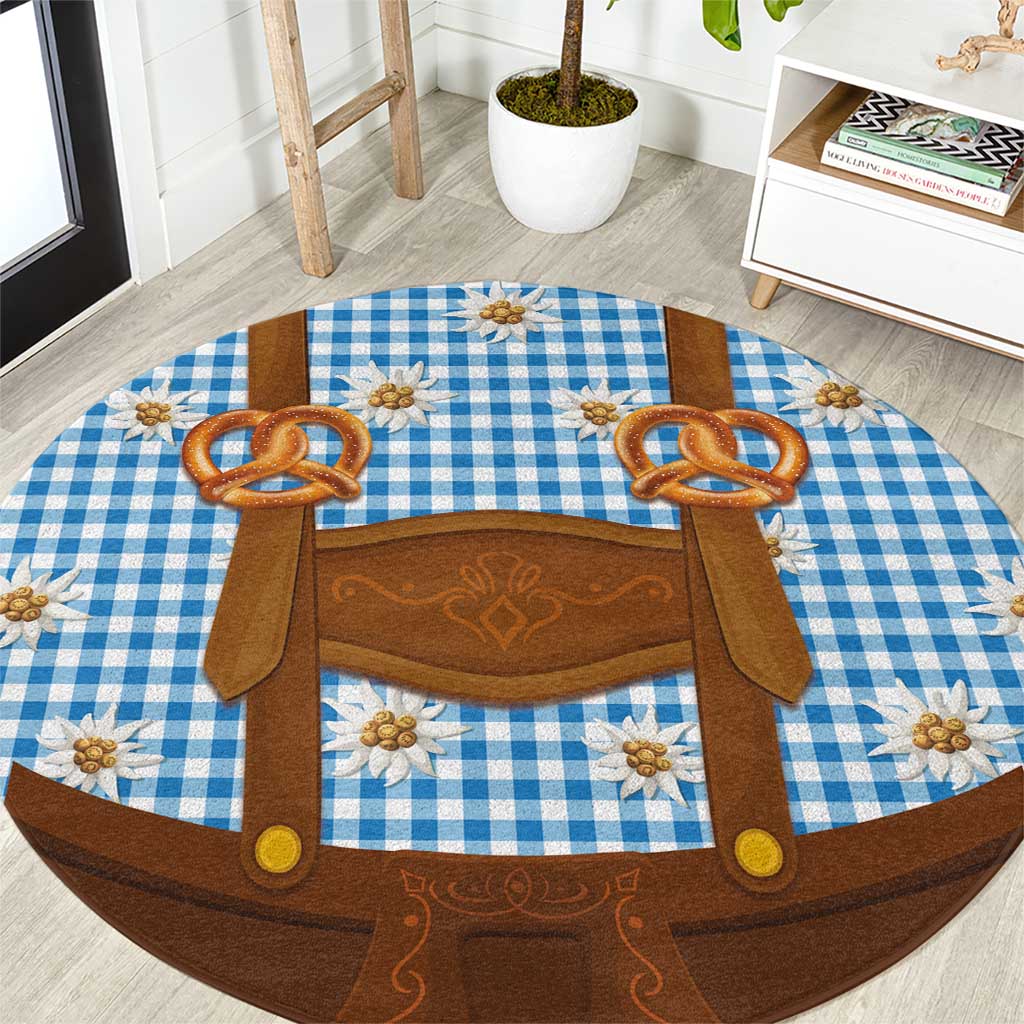 Traditional German Costume - Lederhosen and Soft Pretzel Round Carpet Red Plaid Pattern with Edelweiss Flowers