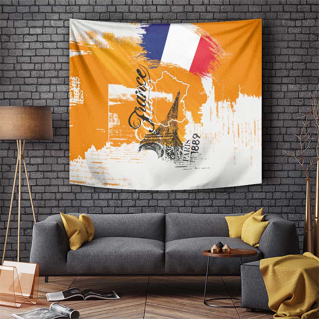 Orange, white, and blue French typography tapestry with Eiffel Tower graphic