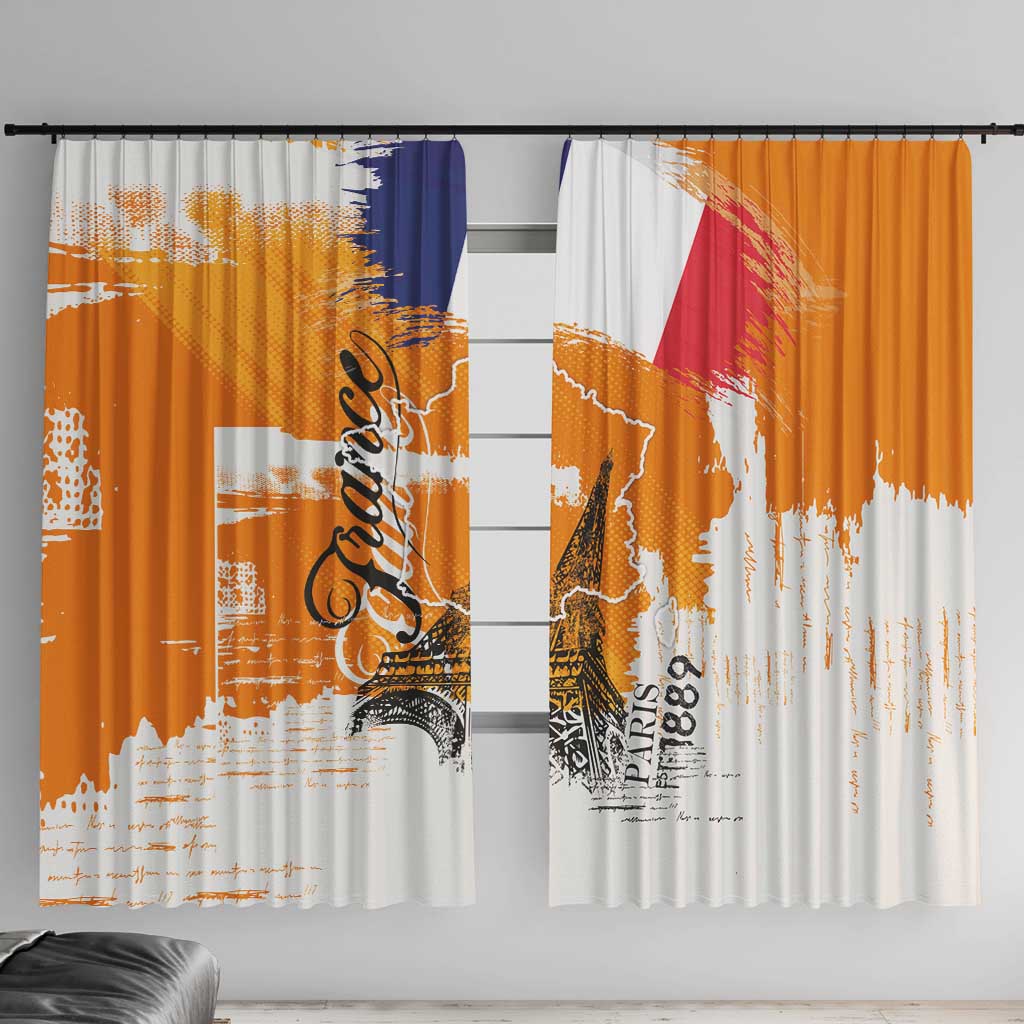 Orange and white window curtain panels with blue accent, red flag graphic, and grunge text