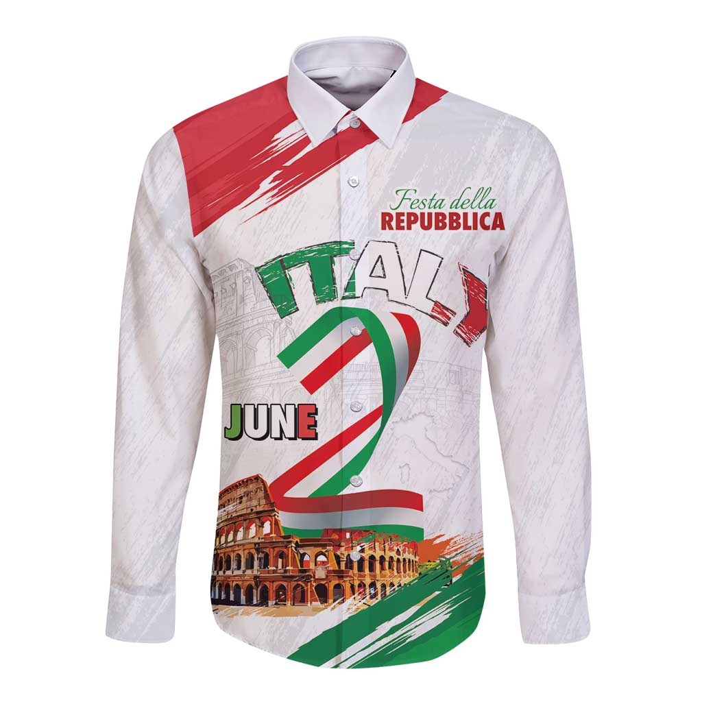White long-sleeve button shirt with red/green diagonal stripe and Festa graphic front