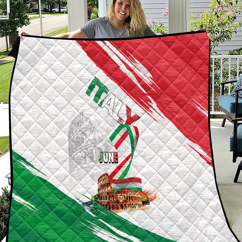 Italian flag quilt with red, white, and green diagonal panels and diamond quilting