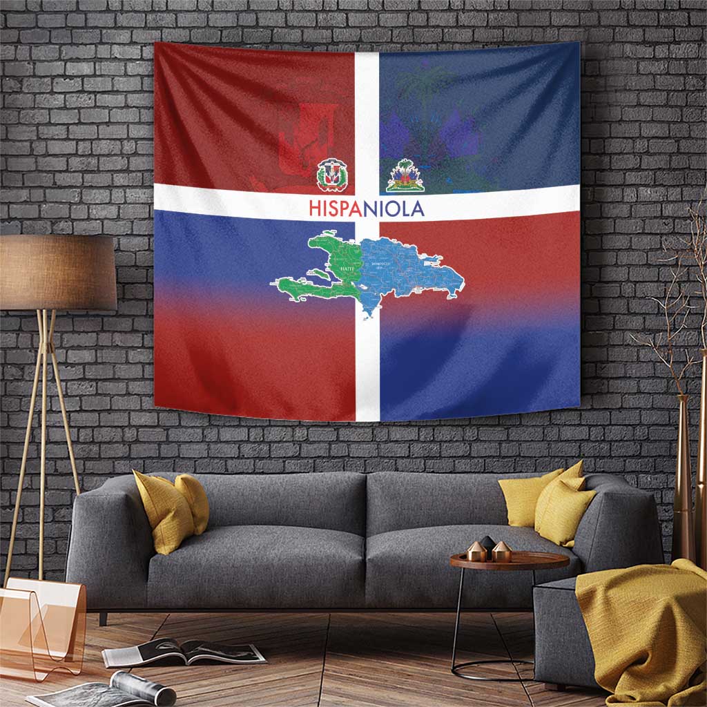 Haiti and Dominican Republic Tapestry Hispaniola with Emblems and Flag Style