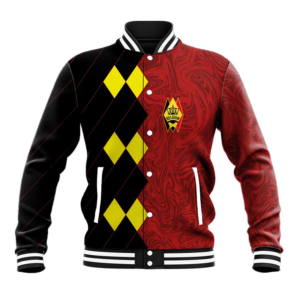 Red and black varsity baseball jacket with Belgium crest, diamond front and sleeves
