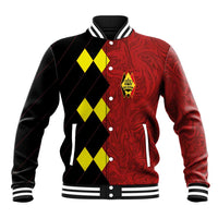Red and black varsity baseball jacket with Belgium crest, diamond front and sleeves