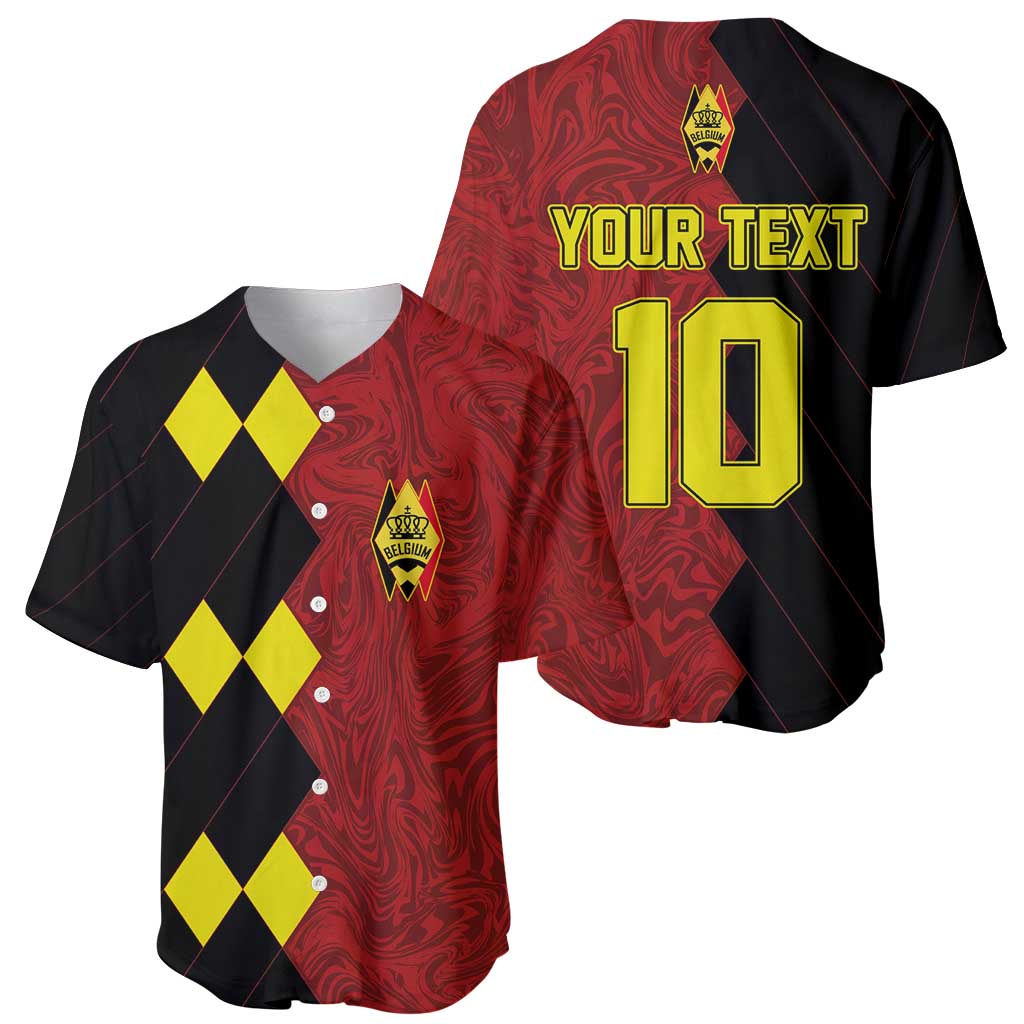 Red and black Belgium baseball jersey with yellow diamond panels, crest, button placket