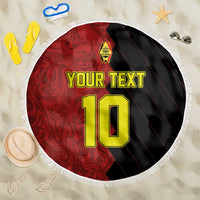 Round red and black beach blanket with centered yellow “YOUR TEXT 10” and white fringe edge