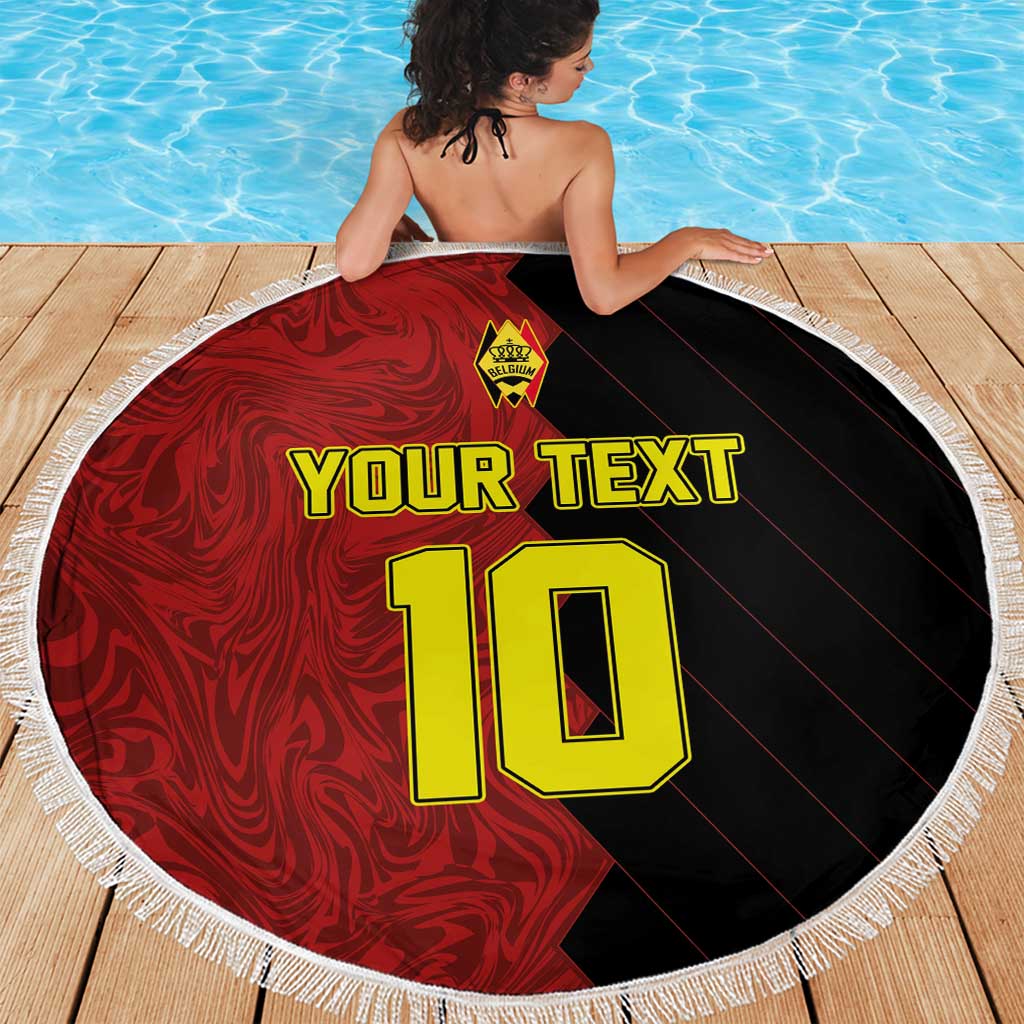 Round red and black beach blanket with yellow “YOUR TEXT 10” design and white fringe trim