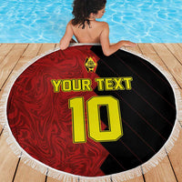 Round red and black beach blanket with yellow “YOUR TEXT 10” design and white fringe trim