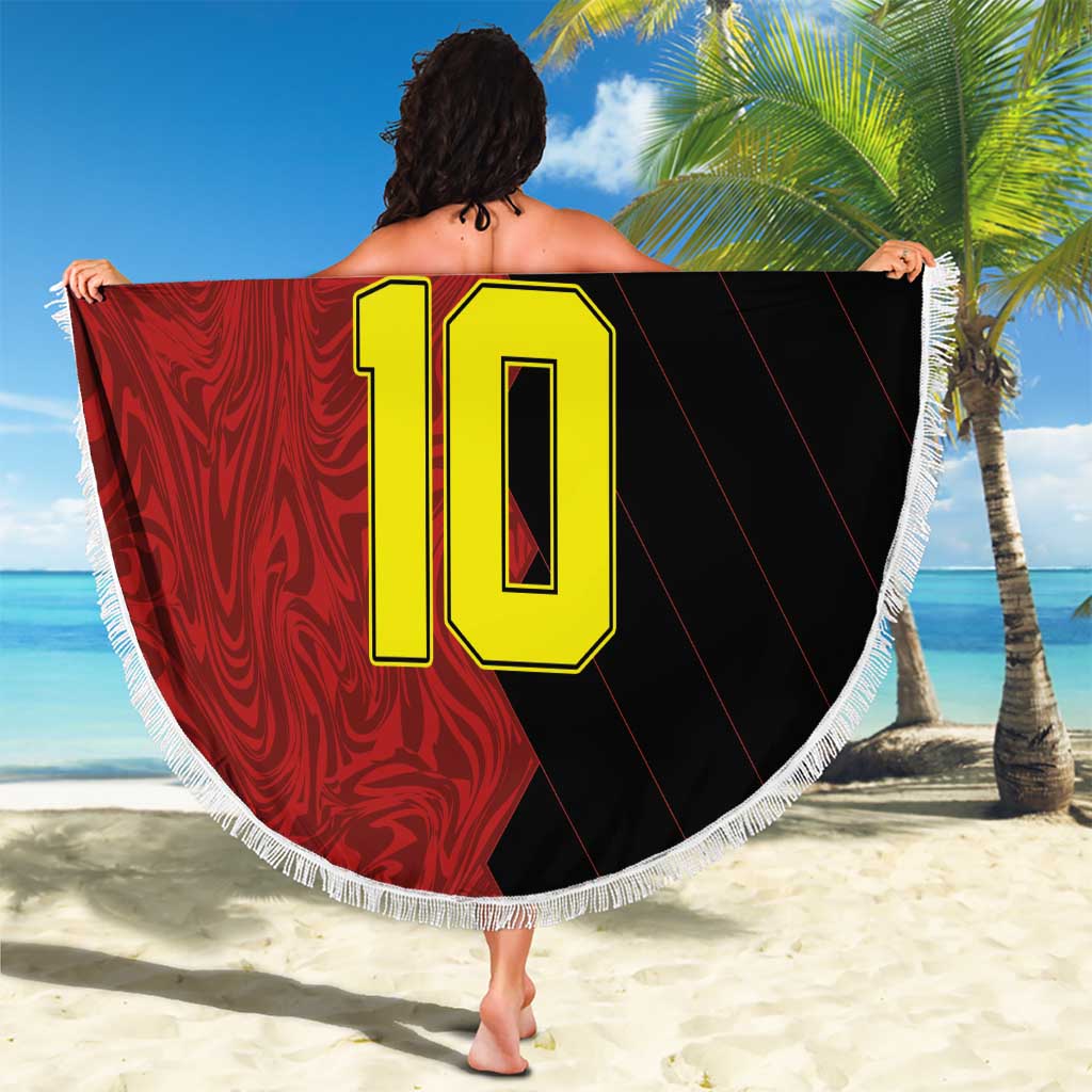 Round red and black beach blanket with yellow “YOUR TEXT 10” and white fringe, held up