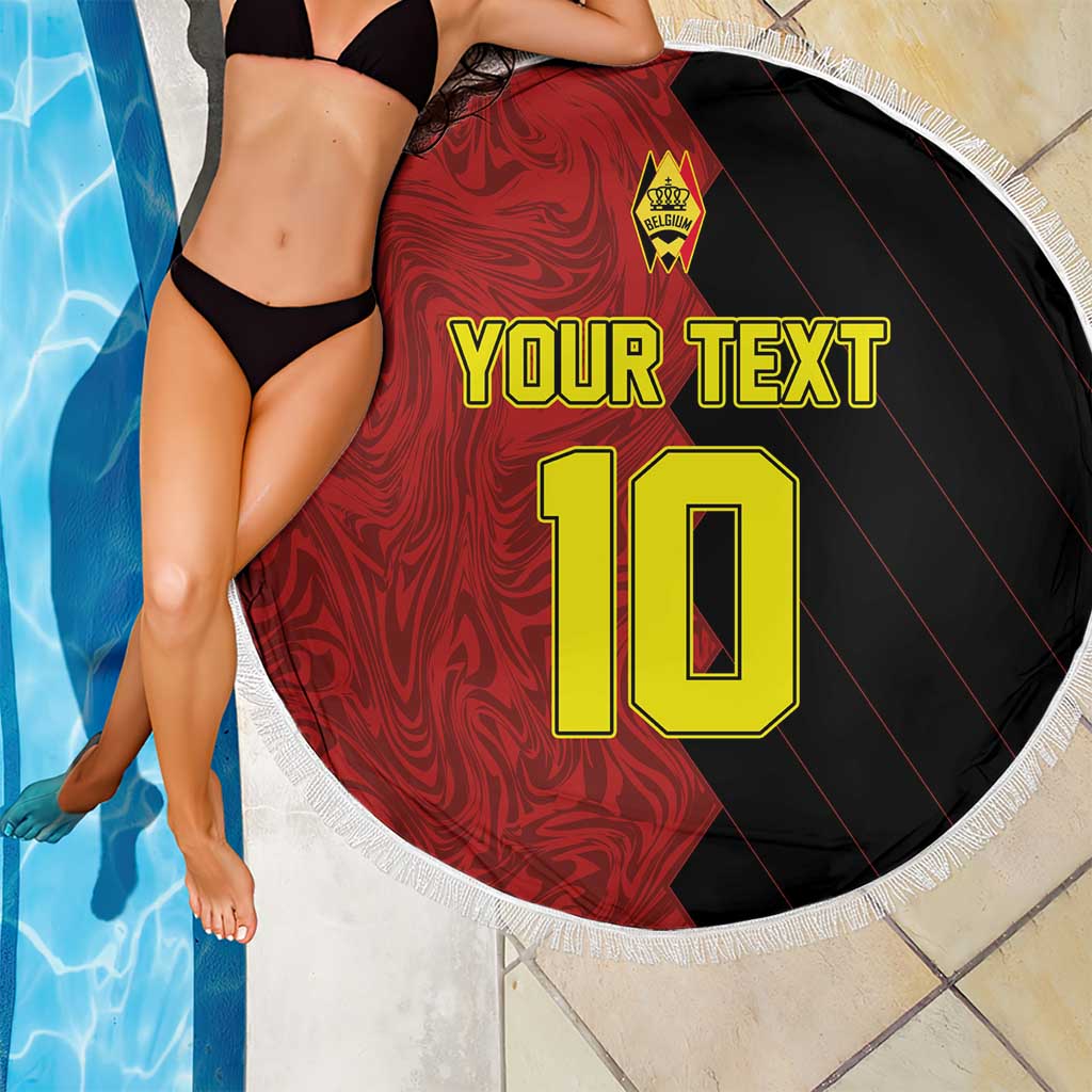 Round red and black beach blanket with yellow “YOUR TEXT 10” and white fringe border