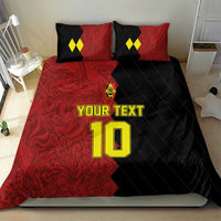 Red and black custom bedding set with two pillow shams and yellow number 10 center