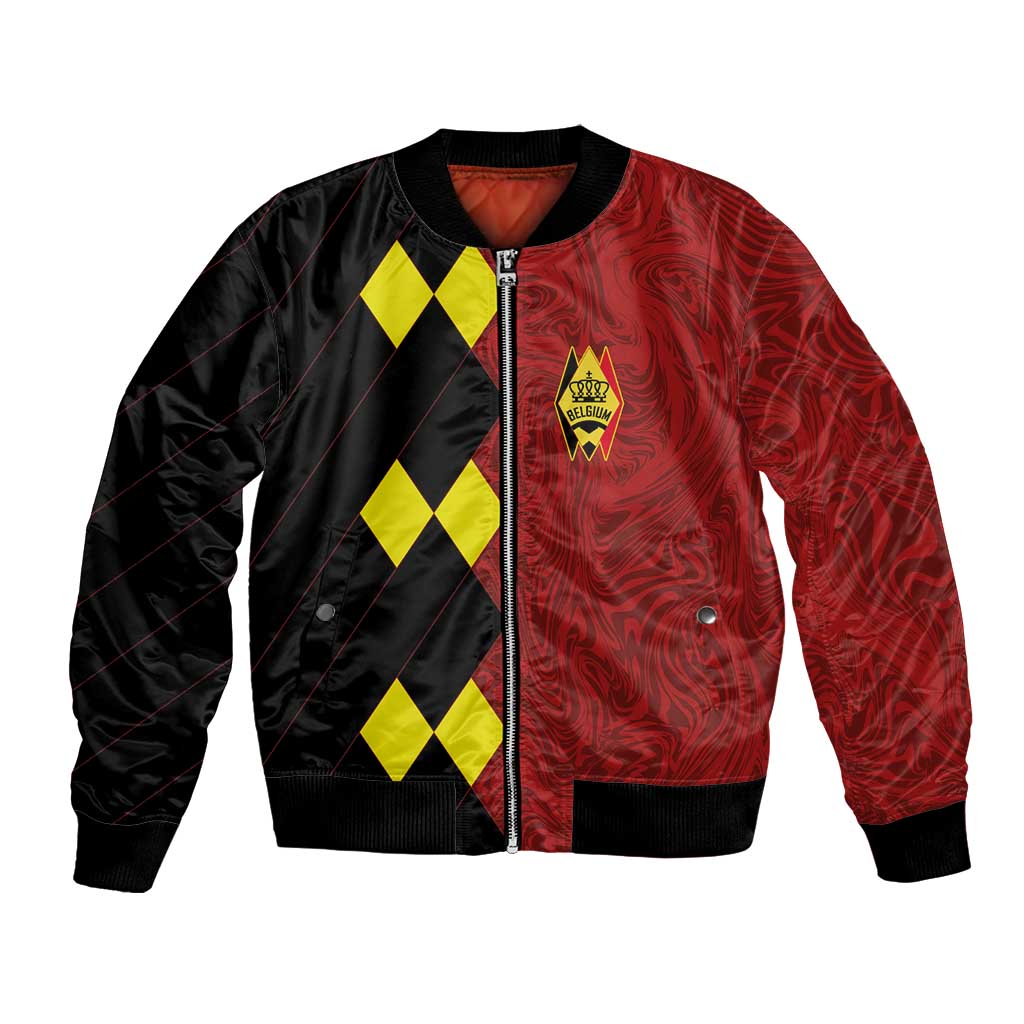 Red and black bomber jacket with front zipper, yellow diamond panels and crest patch