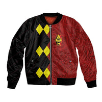 Red and black bomber jacket with front zipper, yellow diamond panels and crest patch