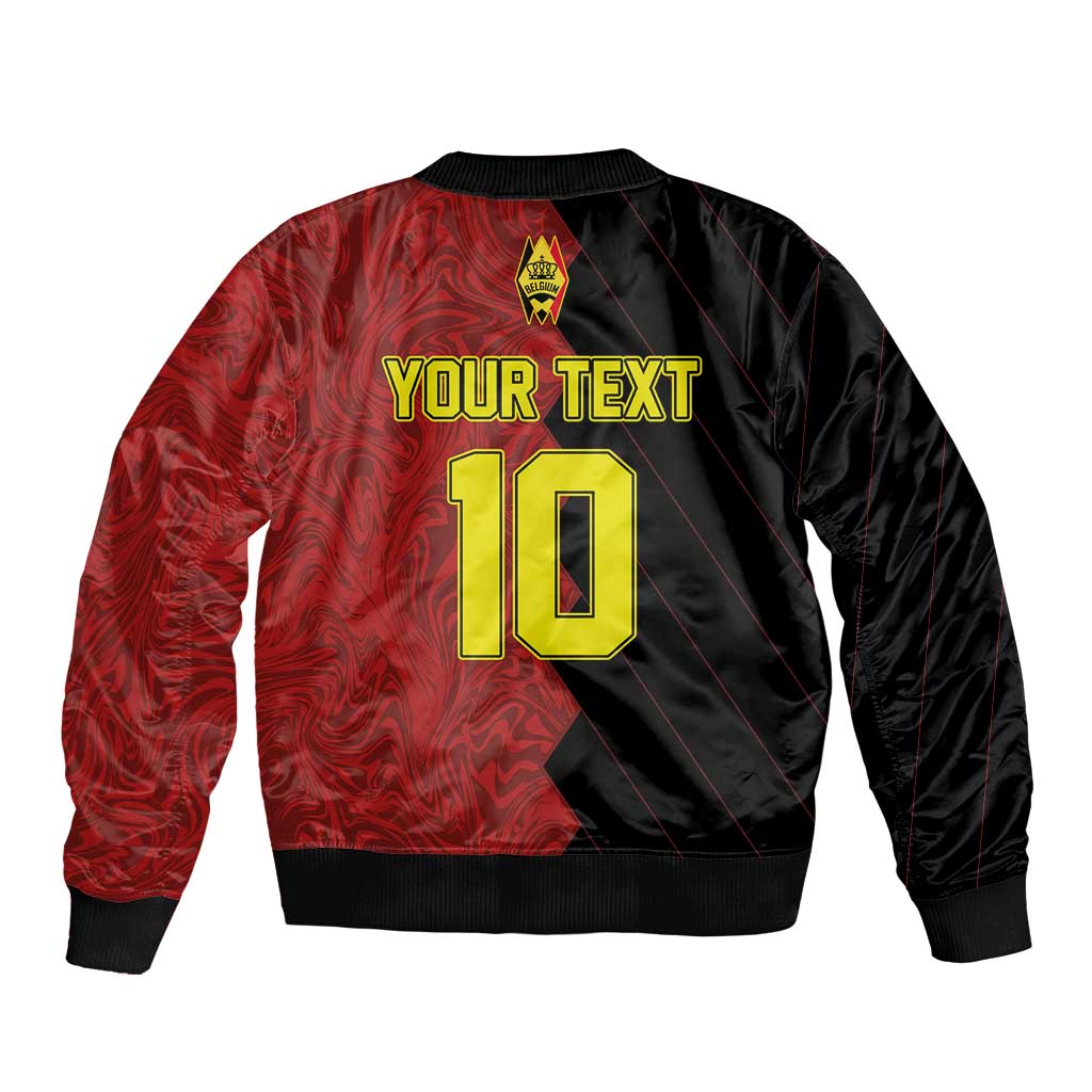 Red and black bomber jacket back with gold YOUR TEXT, number 10, and crest patch