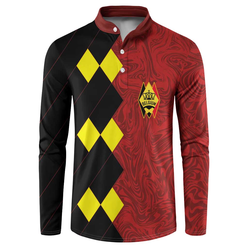 Red and black long-sleeve button sweatshirt with Belgium crest, yellow diamond panel