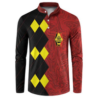 Red and black long-sleeve button sweatshirt with Belgium crest, yellow diamond panel