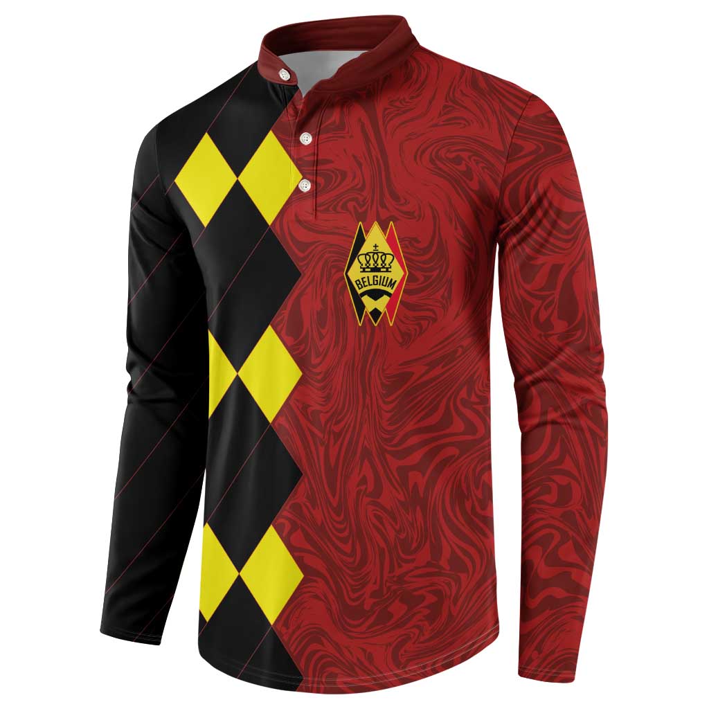 Red and black long-sleeve button sweatshirt with Belgium crest on marbled front