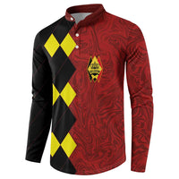 Red and black long-sleeve button sweatshirt with Belgium crest on marbled front