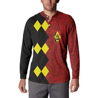 Red/black long-sleeve button sweatshirt with Belgium crest and yellow diamond pattern