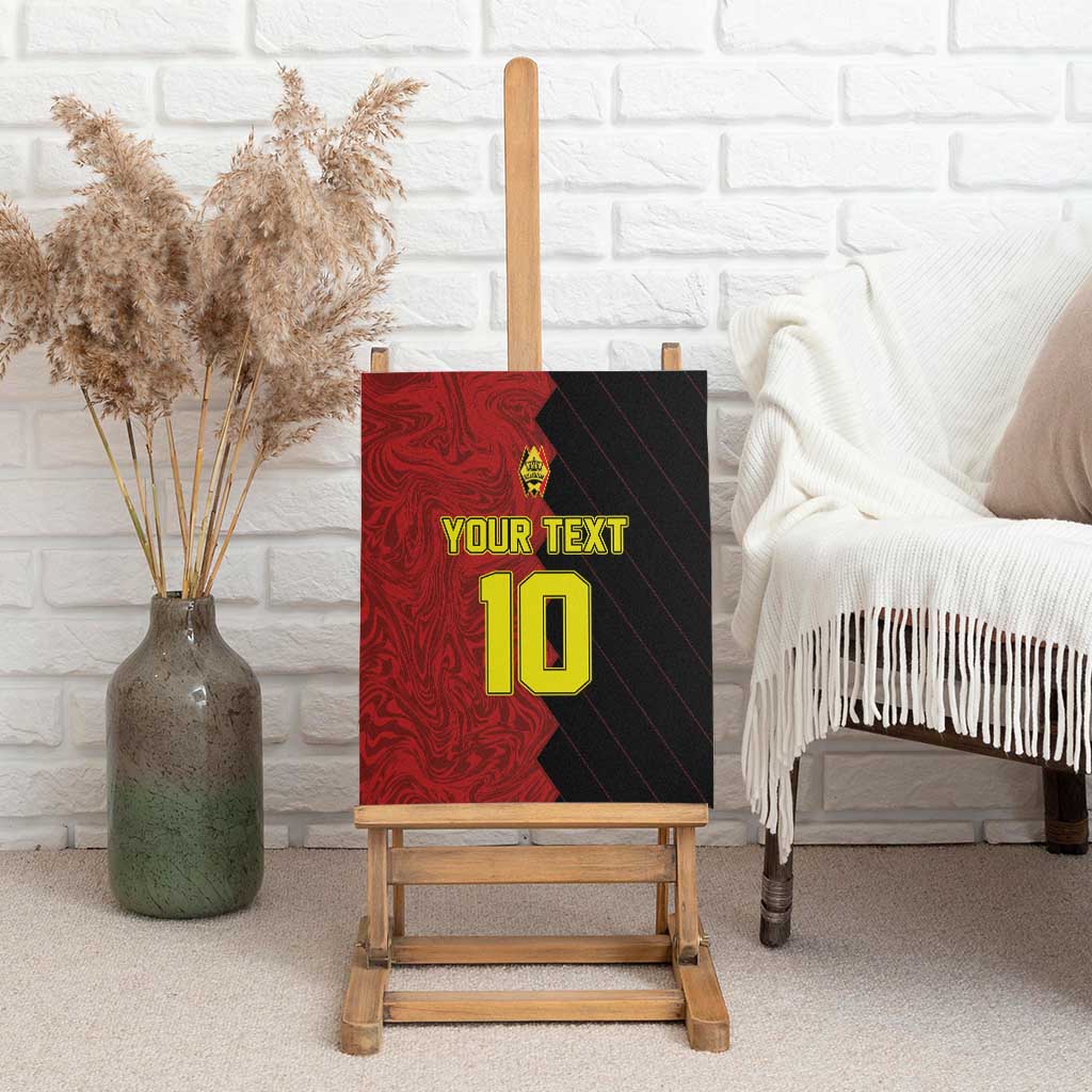 Red and black soccer canvas wall art on display with "YOUR TEXT" and number 10.