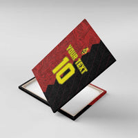 Red and black soccer canvas wall art angled view with "YOUR TEXT" and number 10.