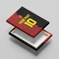 Red and black soccer canvas wall art with "YOUR TEXT" and number 5 design, angled.