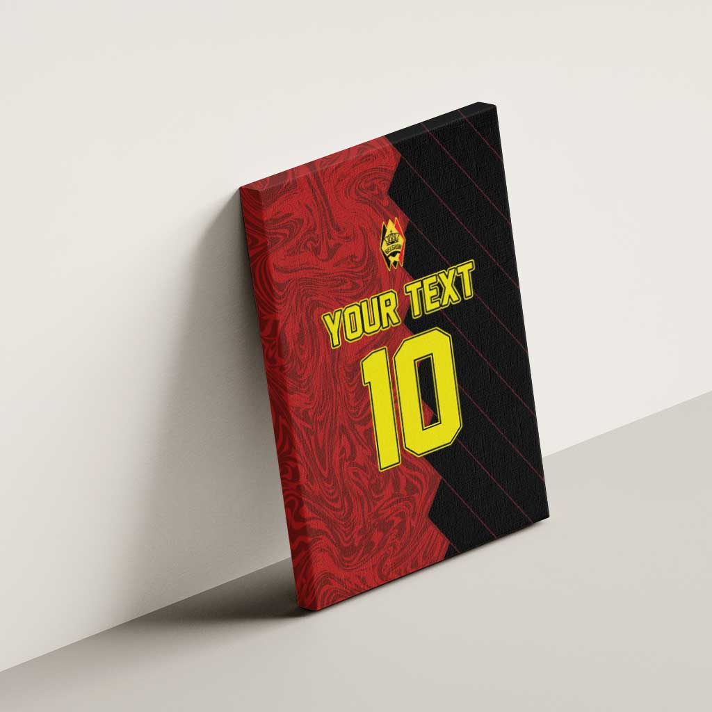 Red and black soccer canvas wall art hung on wall with "YOUR TEXT" and number 10.