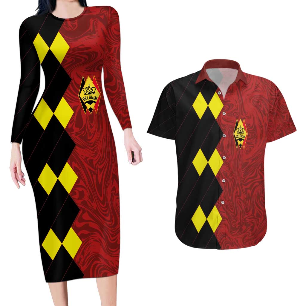 Custom Belgium Football 2024 Go Champion Couples Matching Long Sleeve Bodycon Dress and Hawaiian Shirt - Wonder Print Shop