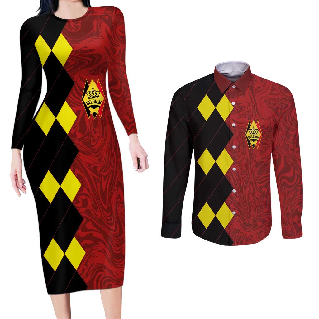 Custom Belgium Football 2024 Go Champion Couples Matching Long Sleeve Bodycon Dress and Long Sleeve Button Shirt - Wonder Print Shop