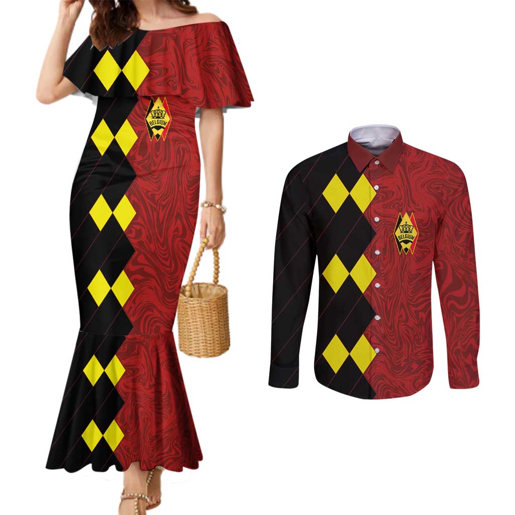 Custom Belgium Football 2024 Go Champion Couples Matching Mermaid Dress and Long Sleeve Button Shirt