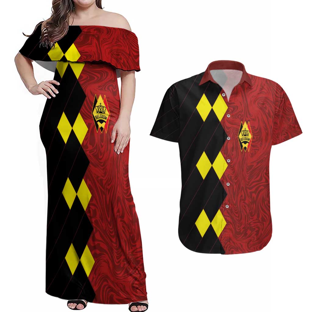 Custom Belgium Football 2024 Go Champion Couples Matching Off Shoulder Maxi Dress and Hawaiian Shirt - Wonder Print Shop