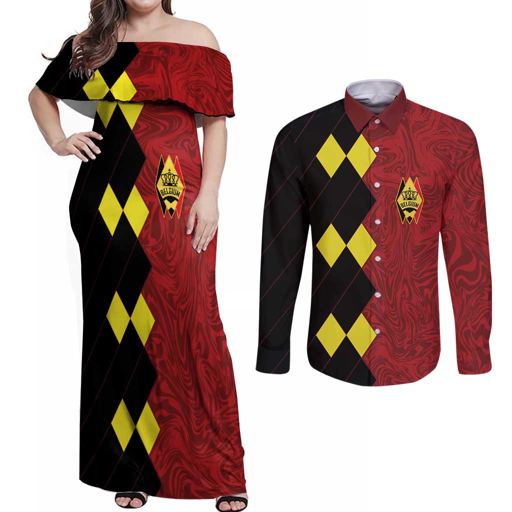 Custom Belgium Football 2024 Go Champion Couples Matching Off Shoulder Maxi Dress and Long Sleeve Button Shirt - Wonder Print Shop