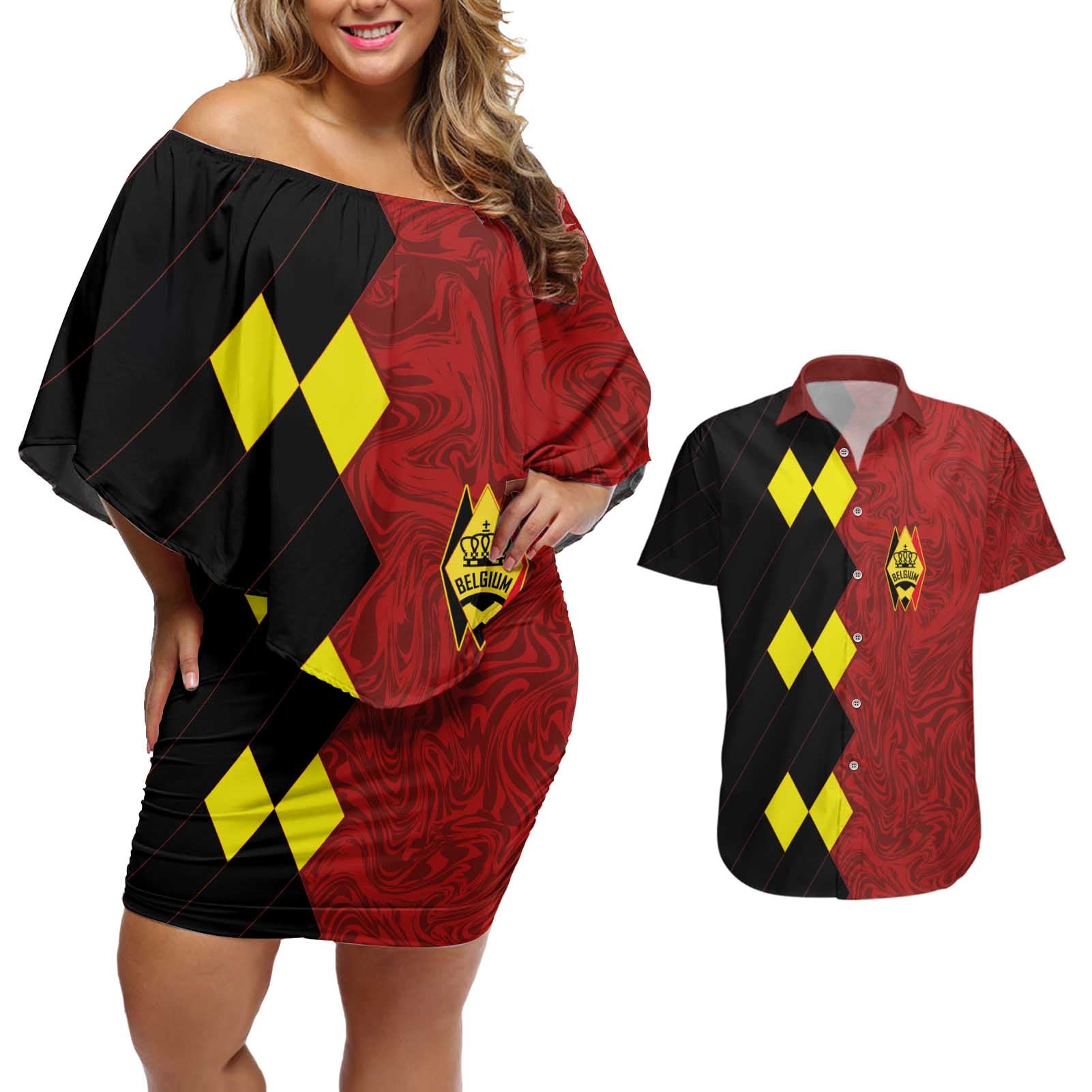 Custom Belgium Football 2024 Go Champion Couples Matching Off Shoulder Short Dress and Hawaiian Shirt - Wonder Print Shop