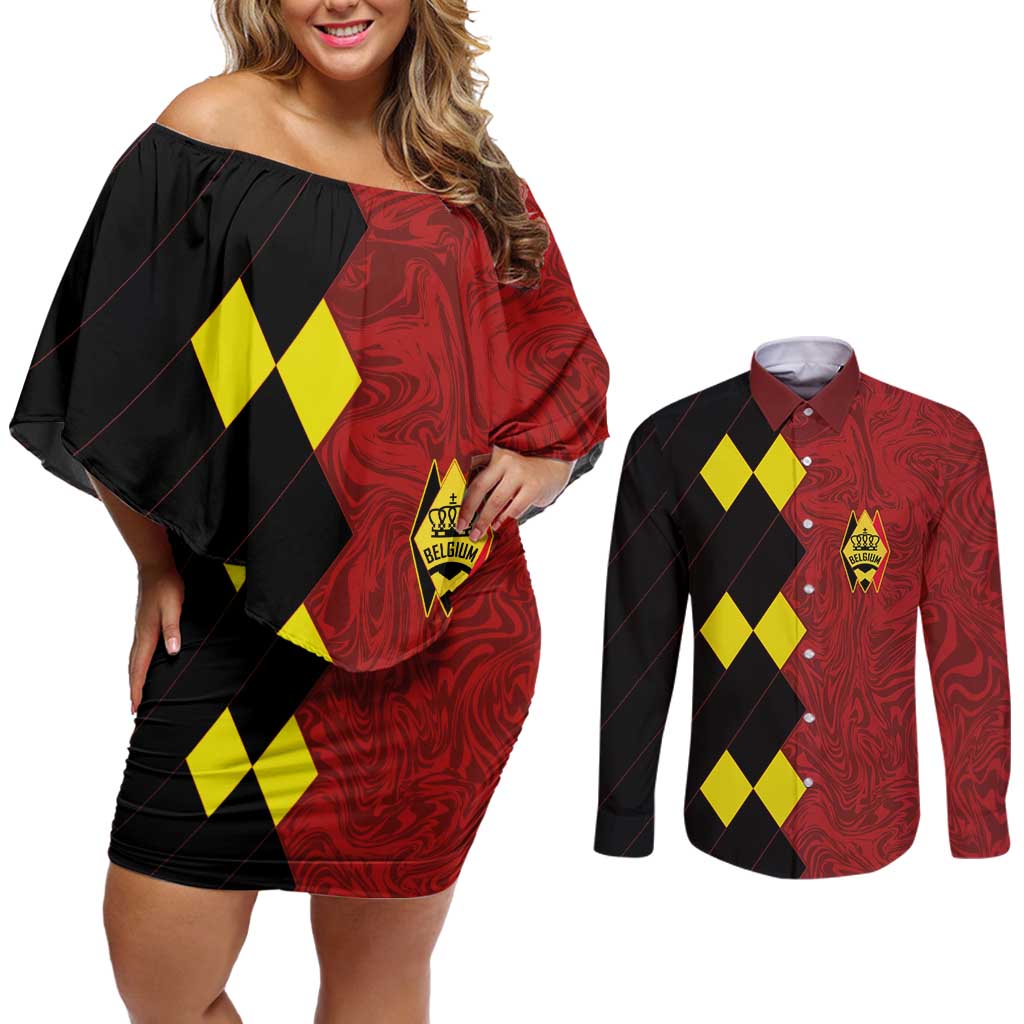 Custom Belgium Football 2024 Go Champion Couples Matching Off Shoulder Short Dress and Long Sleeve Button Shirt - Wonder Print Shop