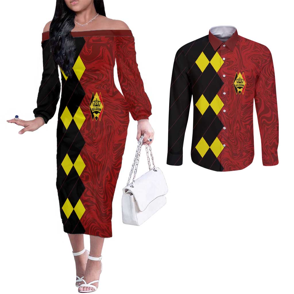 Custom Belgium Football 2024 Go Champion Couples Matching Off The Shoulder Long Sleeve Dress and Long Sleeve Button Shirt