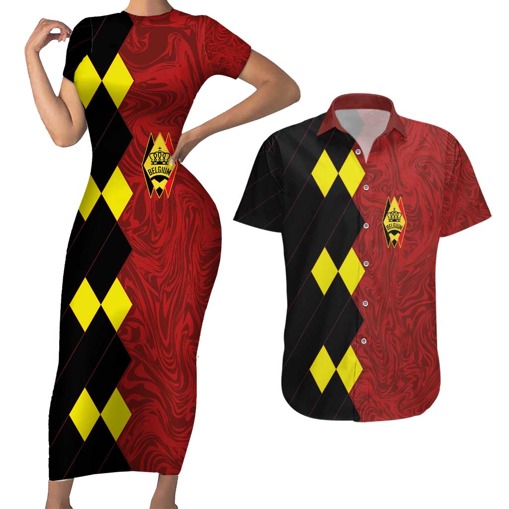 Custom Belgium Football 2024 Go Champion Couples Matching Short Sleeve Bodycon Dress and Hawaiian Shirt - Wonder Print Shop