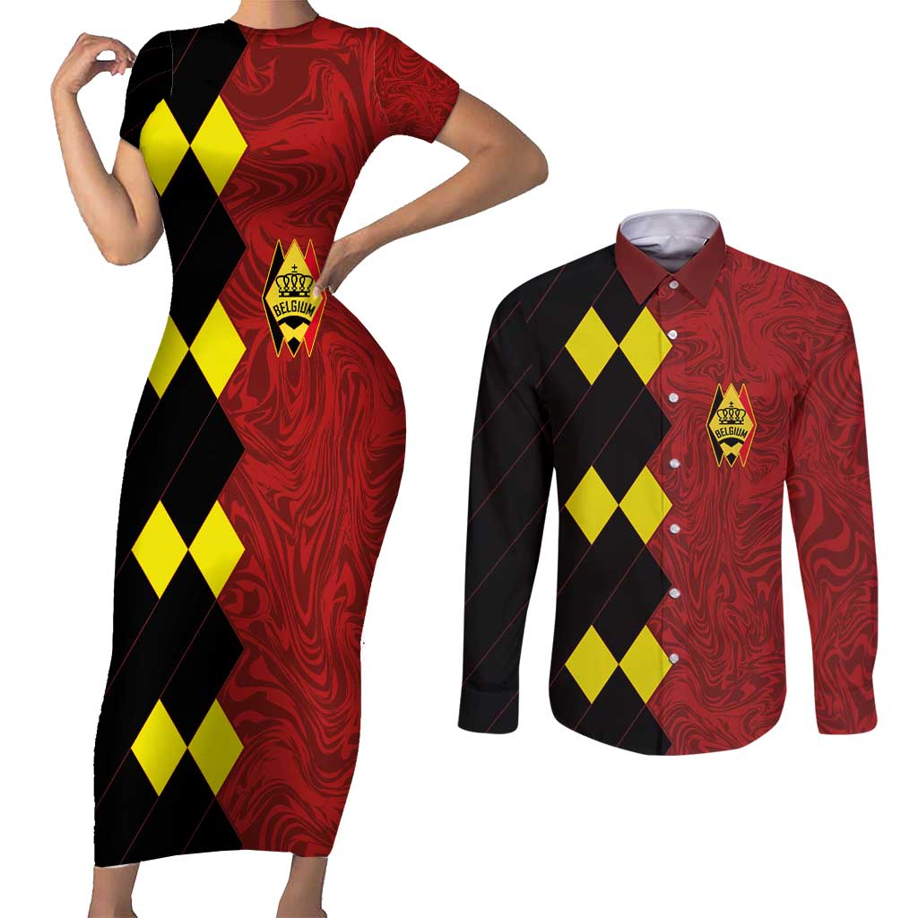 Custom Belgium Football 2024 Go Champion Couples Matching Short Sleeve Bodycon Dress and Long Sleeve Button Shirt - Wonder Print Shop