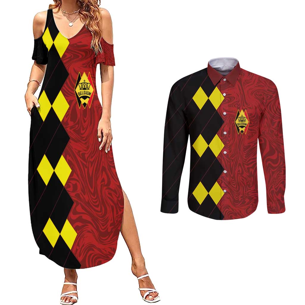 Custom Belgium Football 2024 Go Champion Couples Matching Summer Maxi Dress and Long Sleeve Button Shirt - Wonder Print Shop