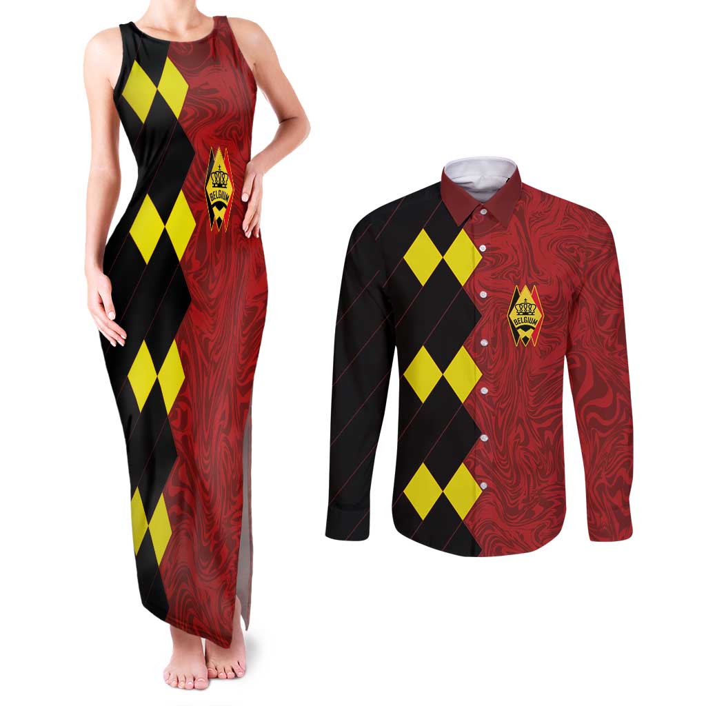 Custom Belgium Football 2024 Go Champion Couples Matching Tank Maxi Dress and Long Sleeve Button Shirt - Wonder Print Shop