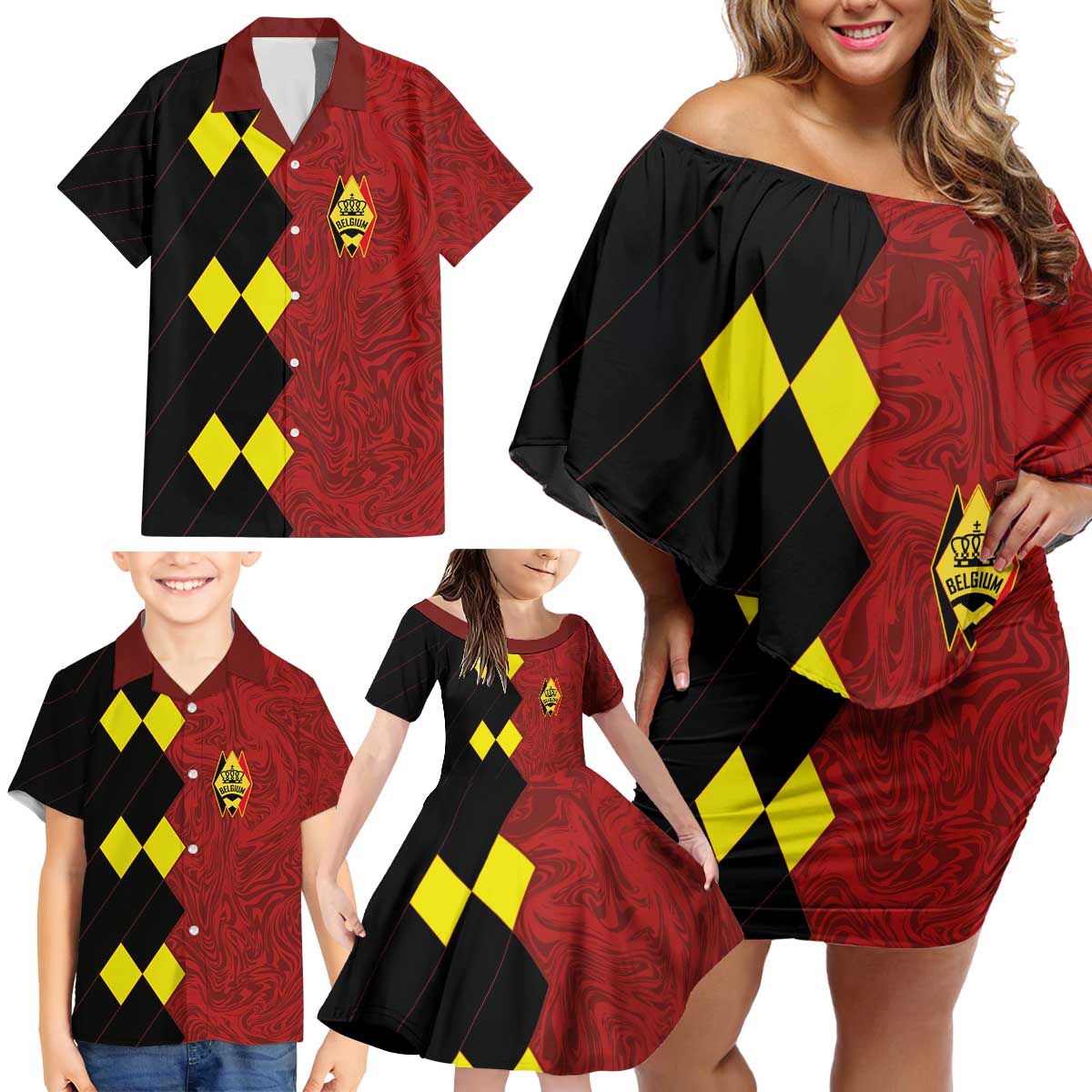 Custom Belgium Football 2024 Go Champion Family Matching Off Shoulder Short Dress and Hawaiian Shirt - Wonder Print Shop