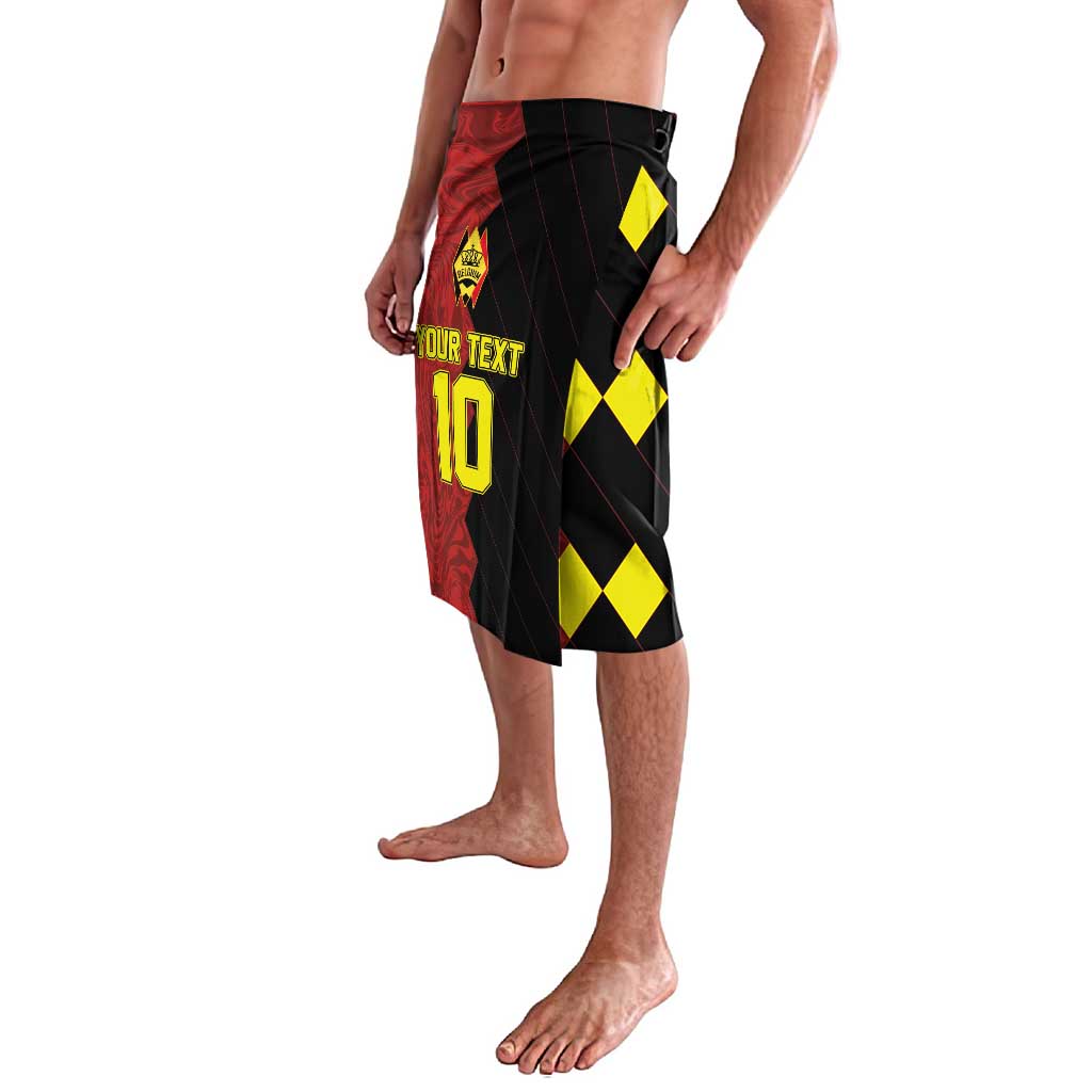 Black football shorts with red panels and yellow diamonds, 'YOUR TEXT 10' print