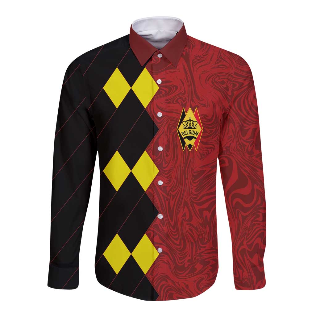 Red and black long-sleeve button shirt with Belgium crest and yellow diamond-pattern front
