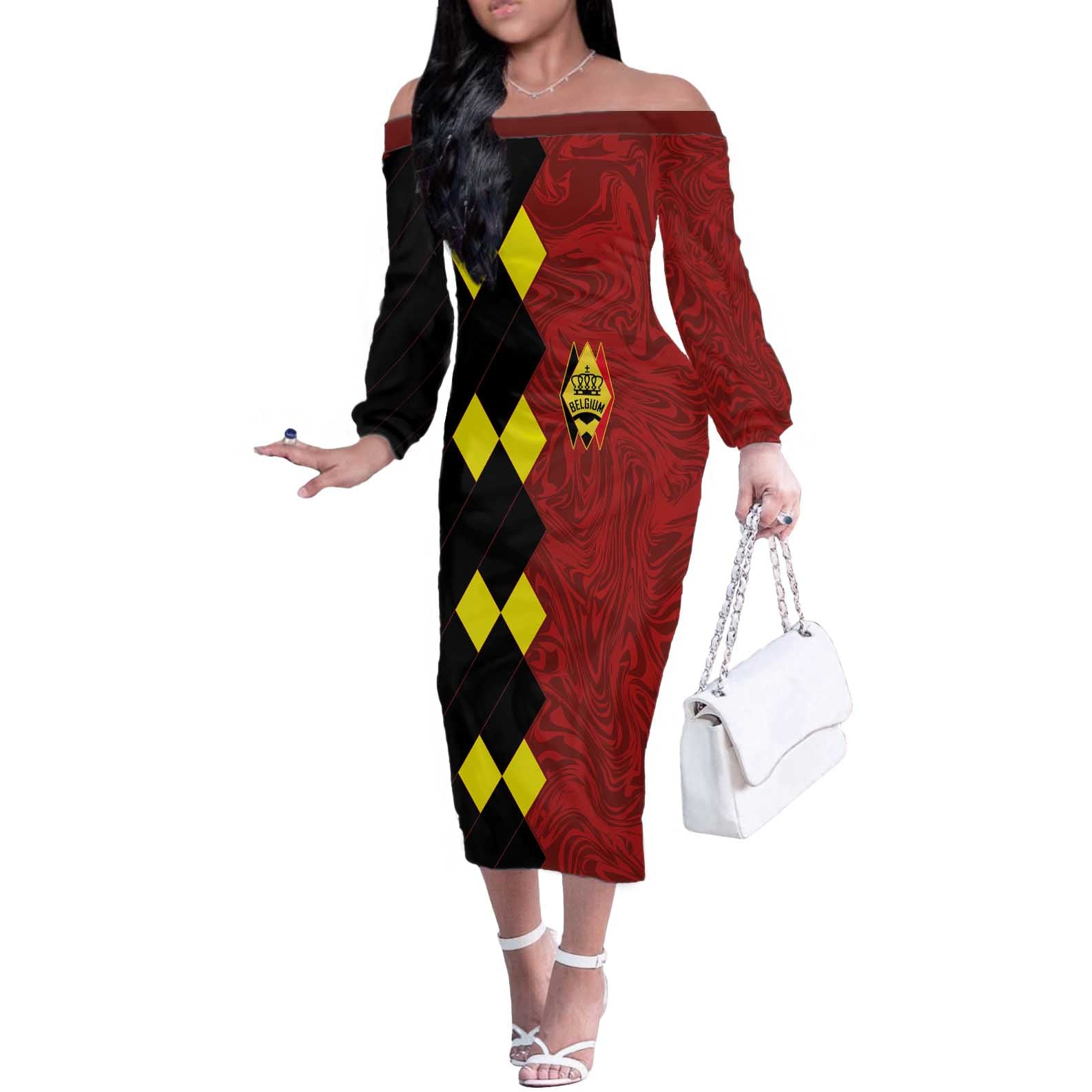 Custom Belgium Football 2024 Go Champion Off The Shoulder Long Sleeve Dress - Wonder Print Shop