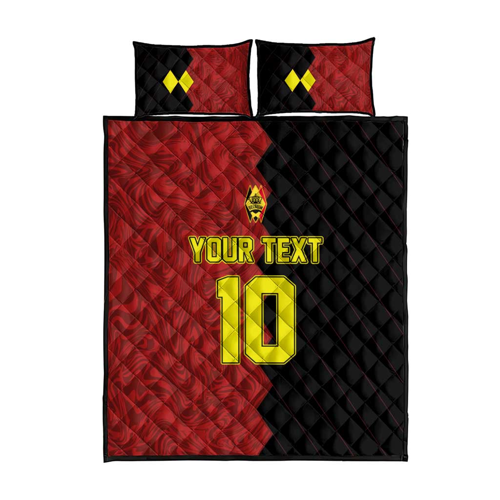 Red and black quilt bed set with two pillowcases, yellow 'YOUR TEXT 10' design